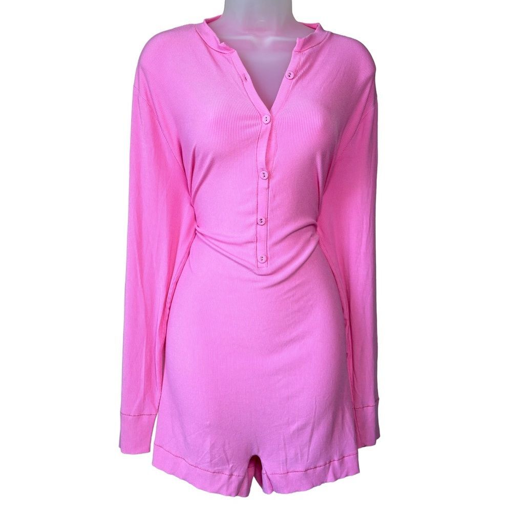 Skims Soft Lounge Button Up Henley Onesie - Bubblegum - 4x / Pink Pajama Romper